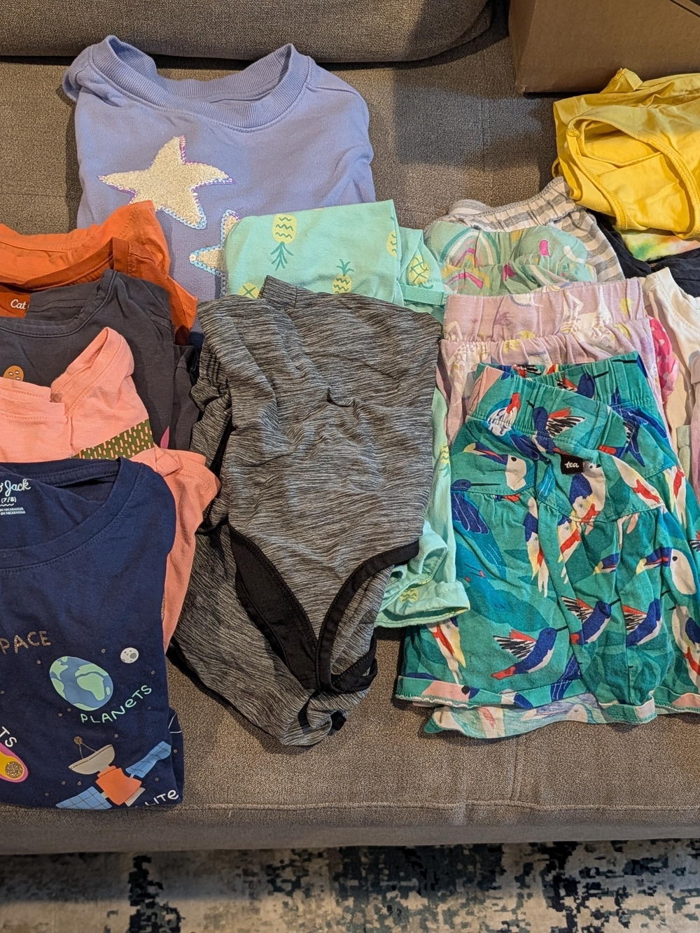Girls Mix & Match Shorts and Tops Set — Teal Bird Print, Heather Gray, Lavender